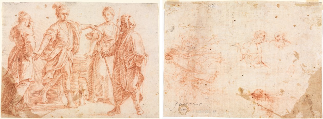 Jakob og Laban med Rachel og Leah (recto) Skisse av to menn og andre forskjellige figurer (verso) av Unknown artist