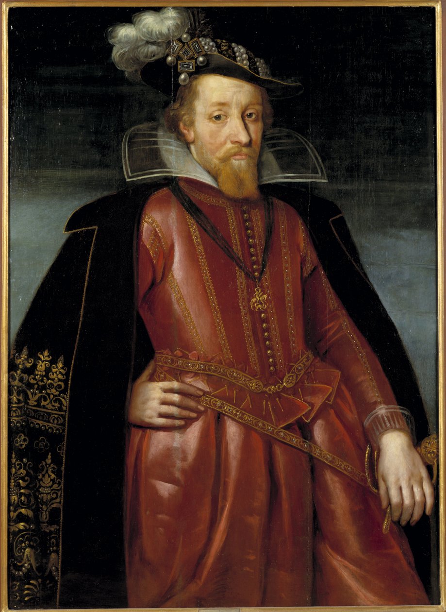 James Stuart, James VI, konge av Skottland og James I, konge av England og Irland - Portrett av kong James I av England (1566-1625), Anonym . Olje på tre. Størrelse: 115x86cm. Nationalmuseum Stockholm av Unknown artist