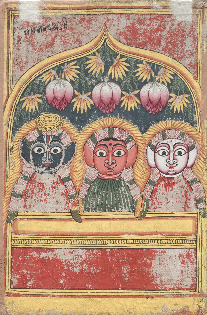 Jagannath, Subhadra og Balarama i en bue (Verso) av Unknown artist