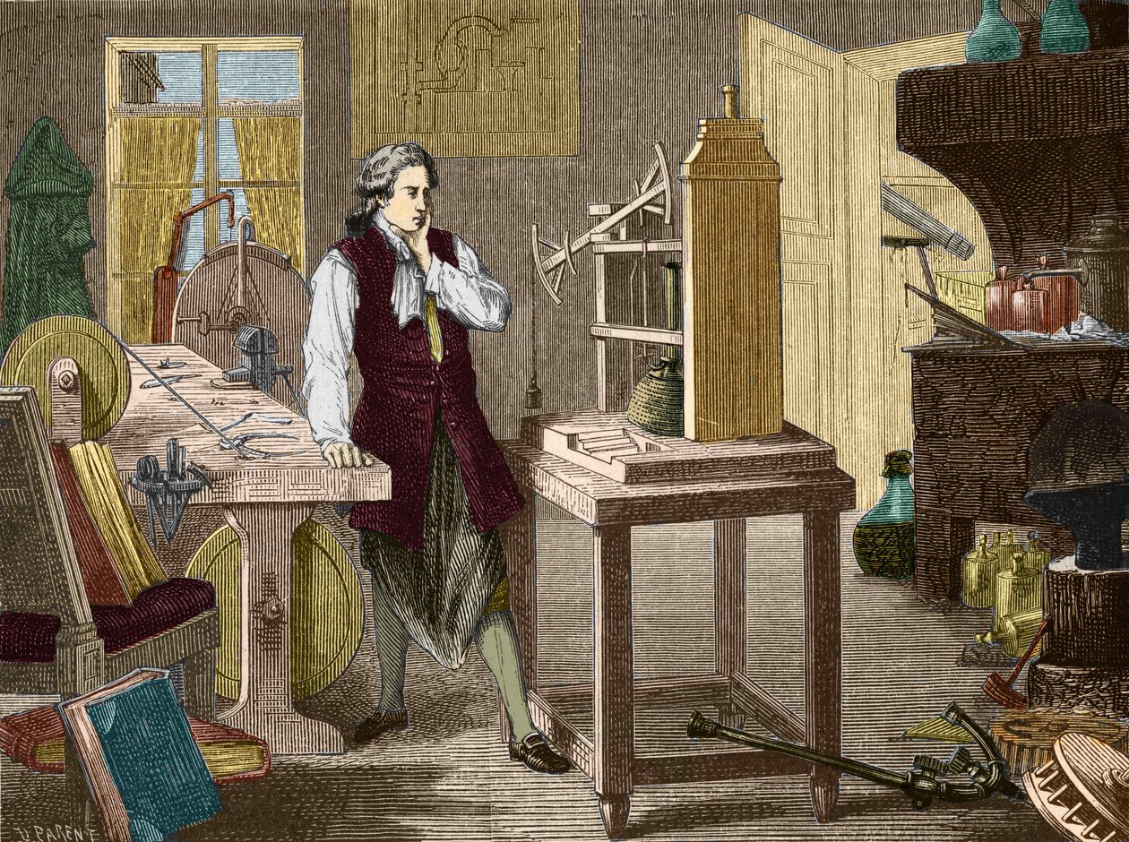 James Watt studying the perfecting of the Newcomen machine (1767) (steam engine) - in “” Album of Science; illustrious scientists; Great discoveries””” 1896. av Unknown artist