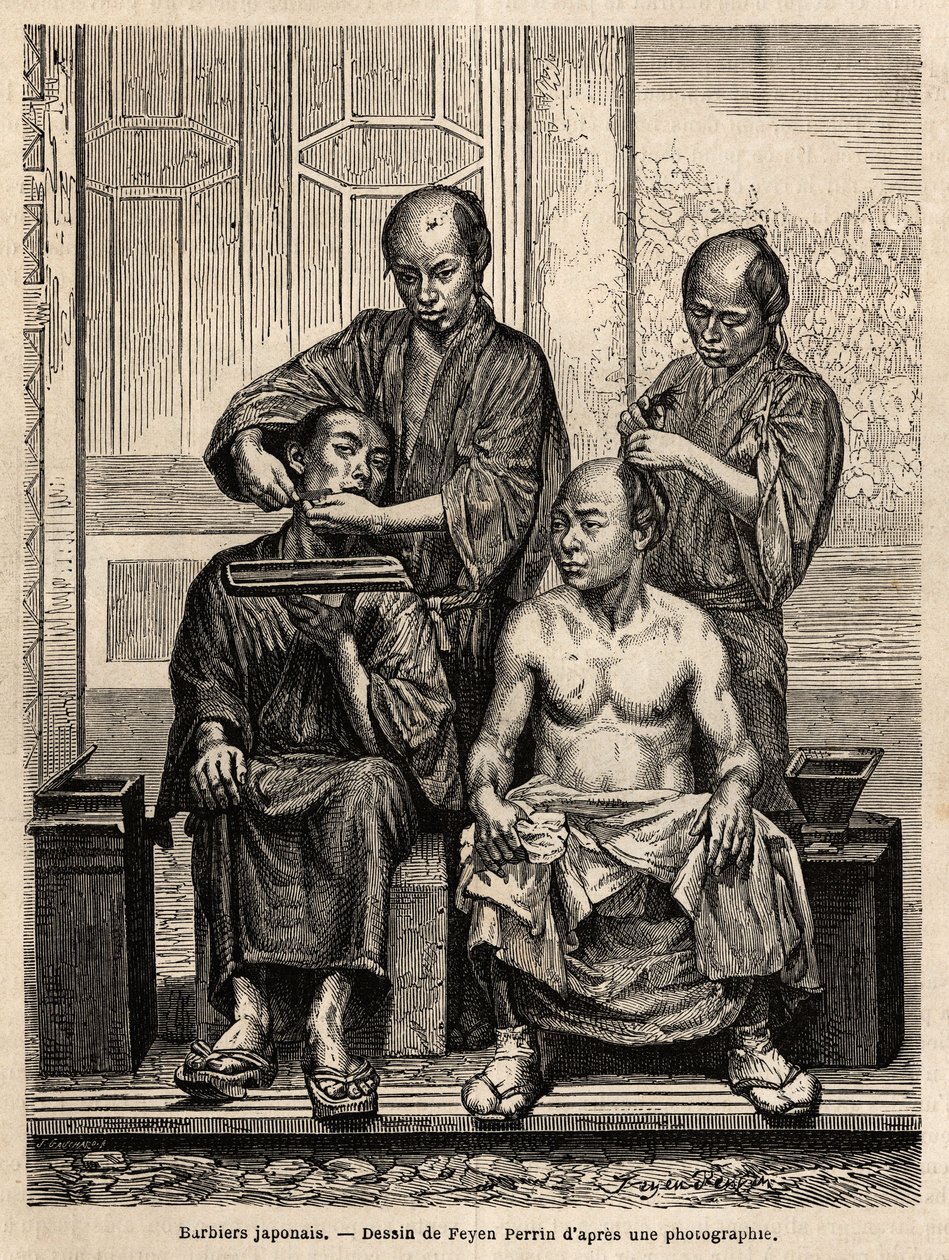Japanske frisører i butikken deres, den ene barberer skjegg, den andre styler en mann med bar overkropp. Gravering for å illustrere reisen til Japan, i 1863-1864, av Aime Humbert, minister for det sveitsiske konføderasjonen, i «Le tour du monde, nouveau jo av Unknown artist