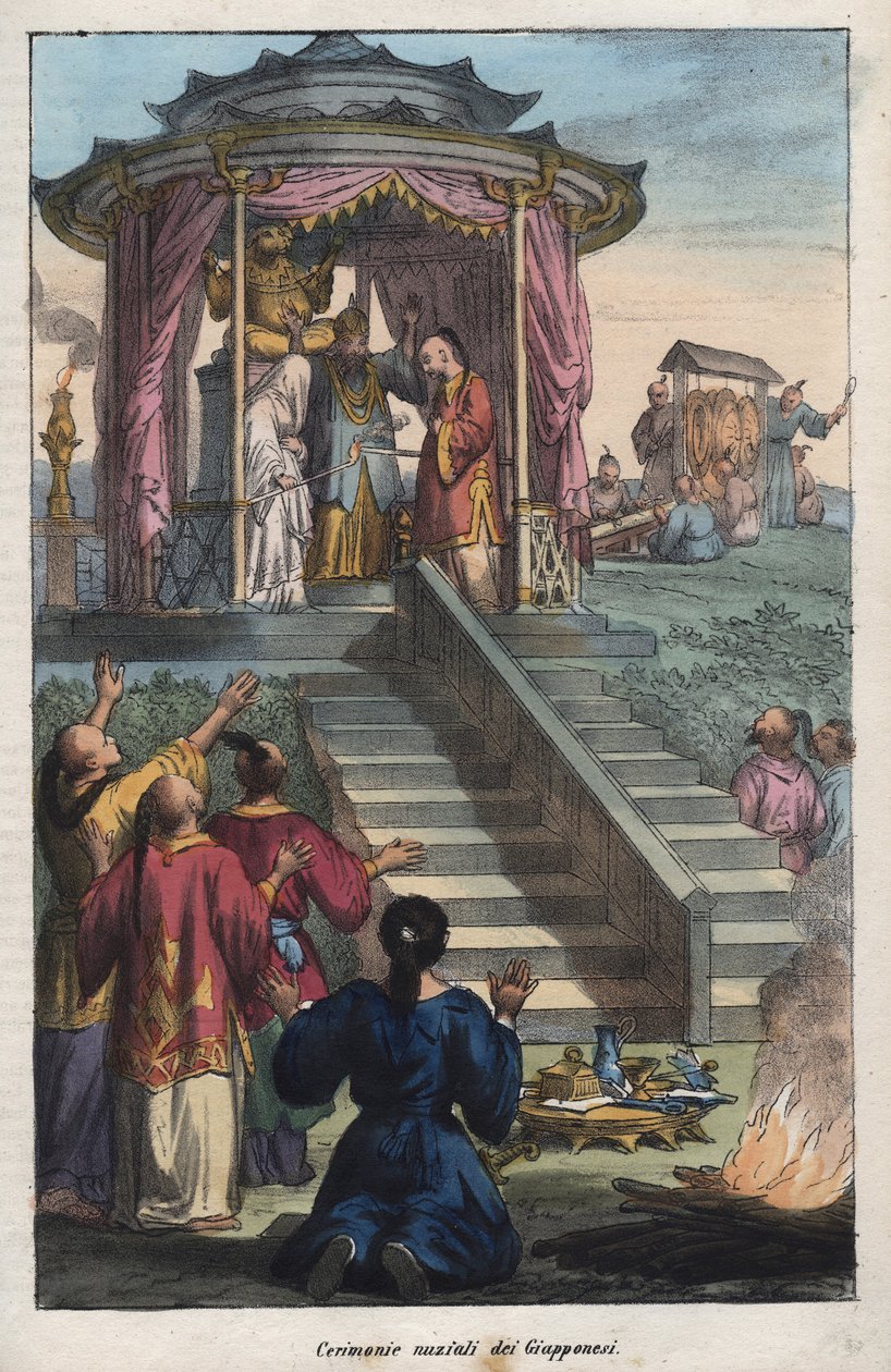 Japanske bryllup - Bryllupsseremoni for japanerne - gravering fra "" skikker og tradisjoner til alle folkeslag i universet. Det vil si historien om regjeringen, lovene, militsen, om religionen til alle nasjoner fra de fjerneste tider til i dag "1 av Unknown artist