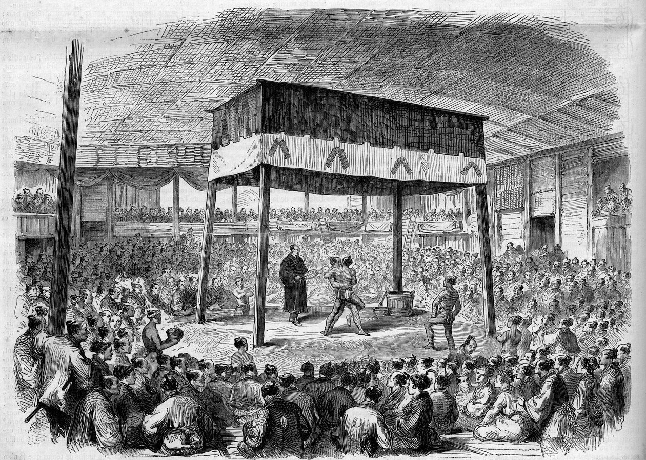 Japanese wrestler fight Sumo in Osaka, Japan. From a drawing by C. Wirgman. Engraving in “” The Illustrious Universe”” av Unknown artist