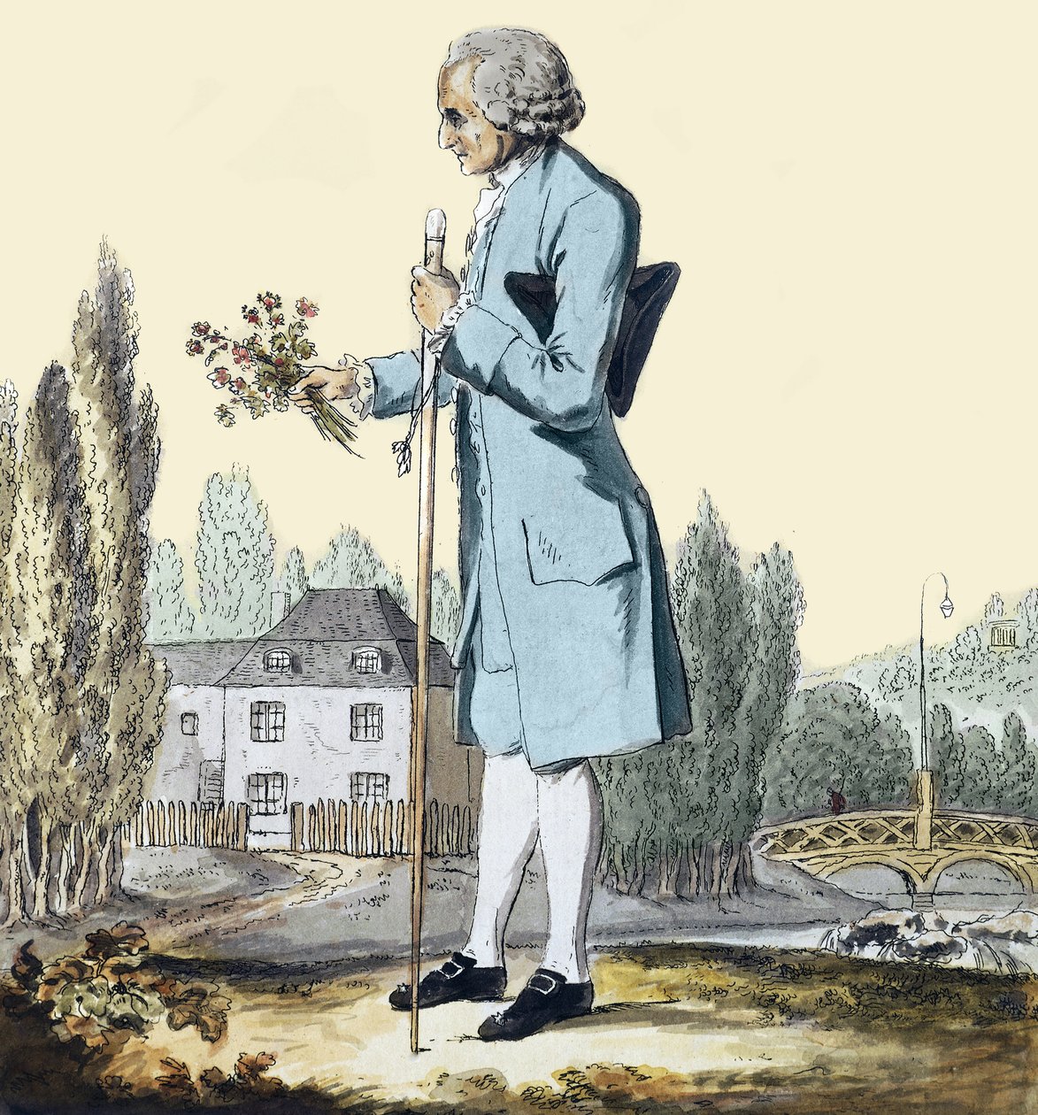 Jean-Jacques Rousseau (1712-78) Samler urter i Ermenonville, juni 1778 - Representasjon av filosofen Jean Jacques Rousseau (1712-1778) som plukket blomster i Ermenonville. av Unknown artist
