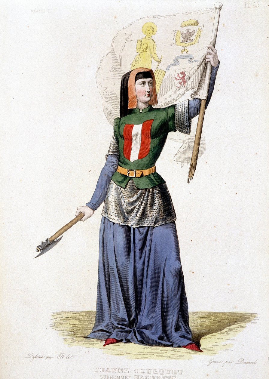 Jeanne Laisné, kjent som Jeanne Fourquet, med kallenavnet Jeanne Hachette French Heroine (1456 til?). gravering fra 1835 av Unknown artist