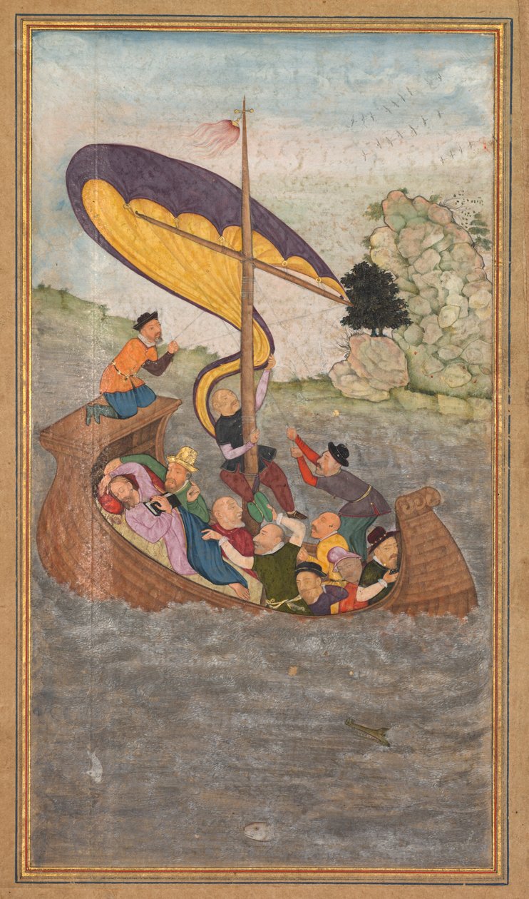 Jesus blir vekket under en storm på Genesaretsjøen, fra et hellighetsspeil (Mir’at al-quds) av far Jerome Xavier av Unknown artist