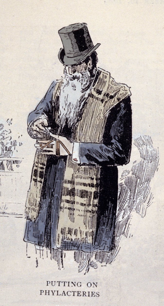 Jødisk religion: en gammel jødisk mann iført bønnelime (Talit eller Tzitzit), gravering fra 1890 av Unknown artist