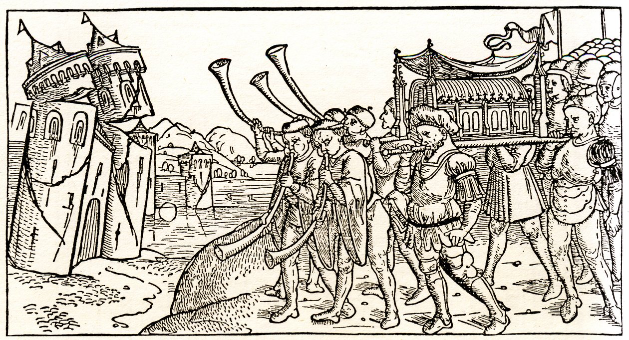 Jøder bærer Paktens Ark foran Jerikos kollapsende murer av Unknown artist