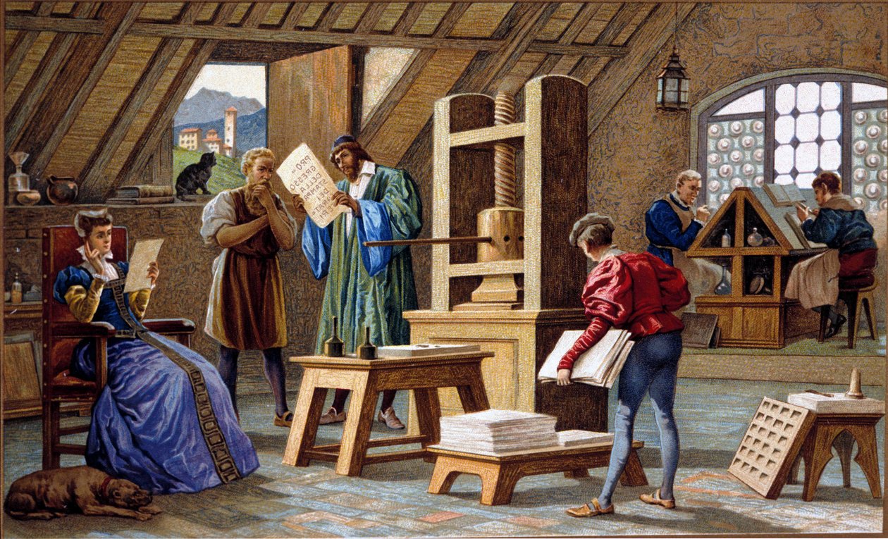 Johannes Gensfleisch Gutenberg (1400-1468), oppfinner av trykkpressen (1438). kromolitografi fra 1800-tallet. av Unknown artist