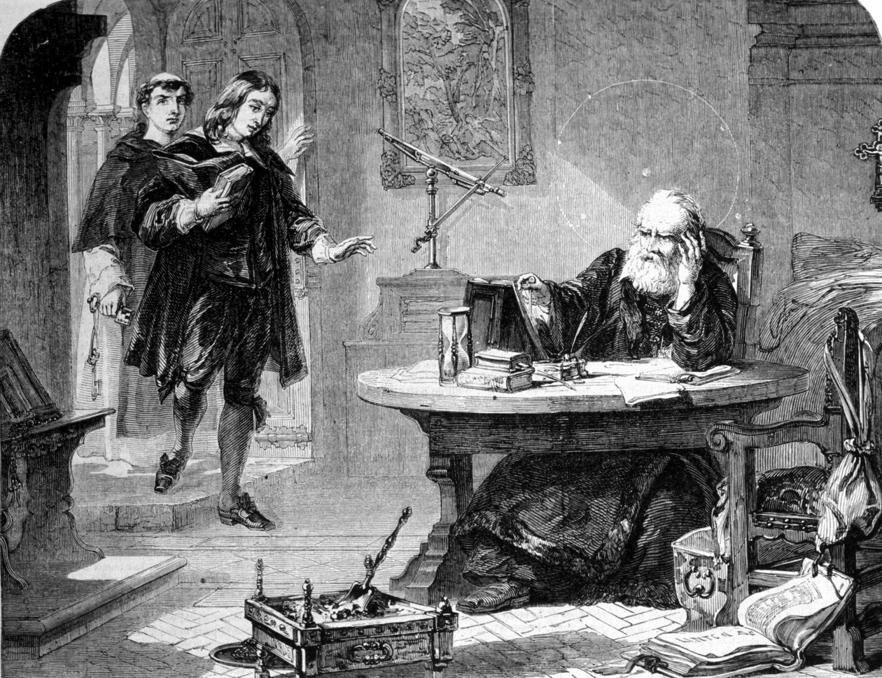 John Milton, engelsk poet og essayist (1608 - 1674) besøkte Galileo Galilei (Galileo) (1564 - 1642) i sin celle til Firenze-inkvisisjonen. Gravering. 1860 ca. av Unknown artist