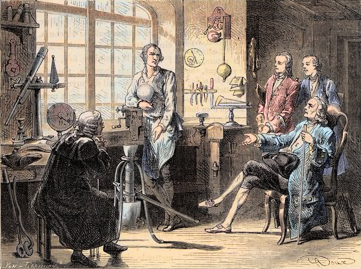 Joseph Black besøker James Watt i verkstedet hans i Glasgow - Den skotske kjemikeren Joseph Black besøker ingeniør James Watt av Unknown artist