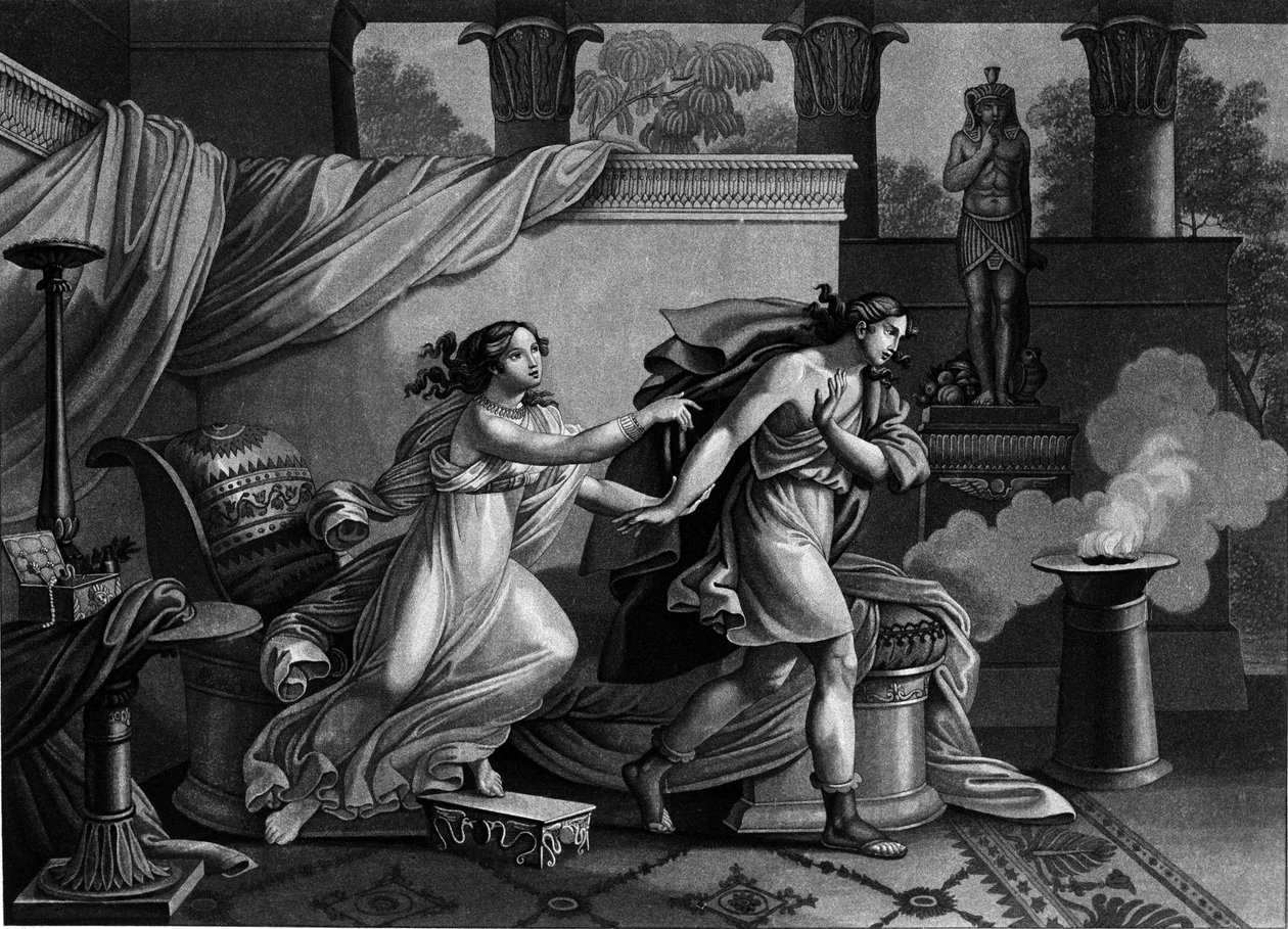 Josef flykter fra kona til Putiphar (Potifar) og søker å forføre litografi fra 1800-tallet av Unknown artist