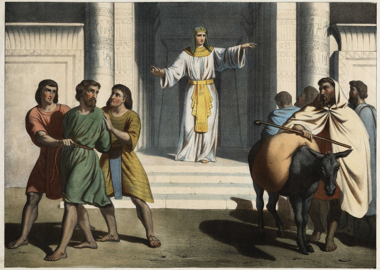 Joseph holder Simeon som gissel: Patriarken Joseph ber brødrene sine om å introdusere ham for den yngre Benjamin og holder Simeon som gissel og venter på at de kommer tilbake. Anonym gravering fra midten av 1800-tallet. av Unknown artist