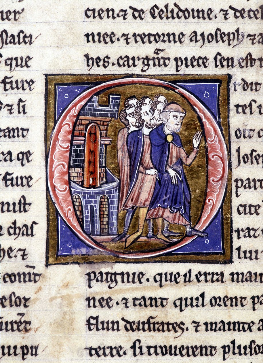 Joseph of Arimathia (Arimatee) og hans oppfølger. Manuskript: Conquest of the Holy Grail, skrevet 717 år etter lidenskapen til vår herre. Bibliotheque Municipale de Rennes, ms. 255 (Samling av romaner om det runde bord); Paris av Unknown artist