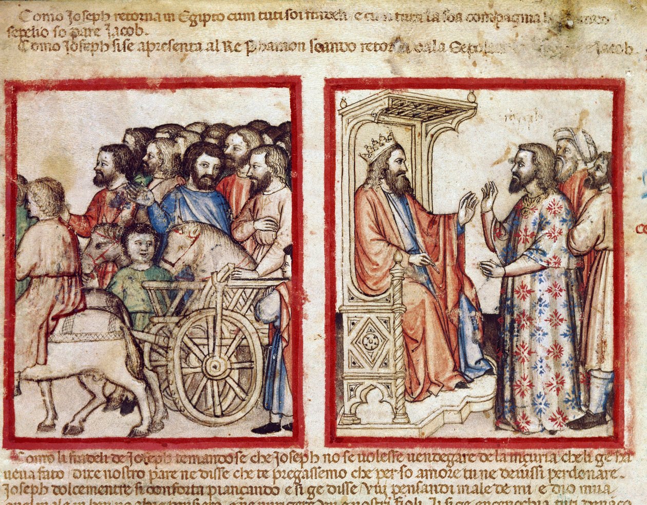 Joseph til venstre til farens begravelse, han går etter farao-miniatyren fra codex 212 (eller padovano-kodice eller Bible of Padua) 1390-1400 Rovigo, Accademia dei Concordi av Unknown artist