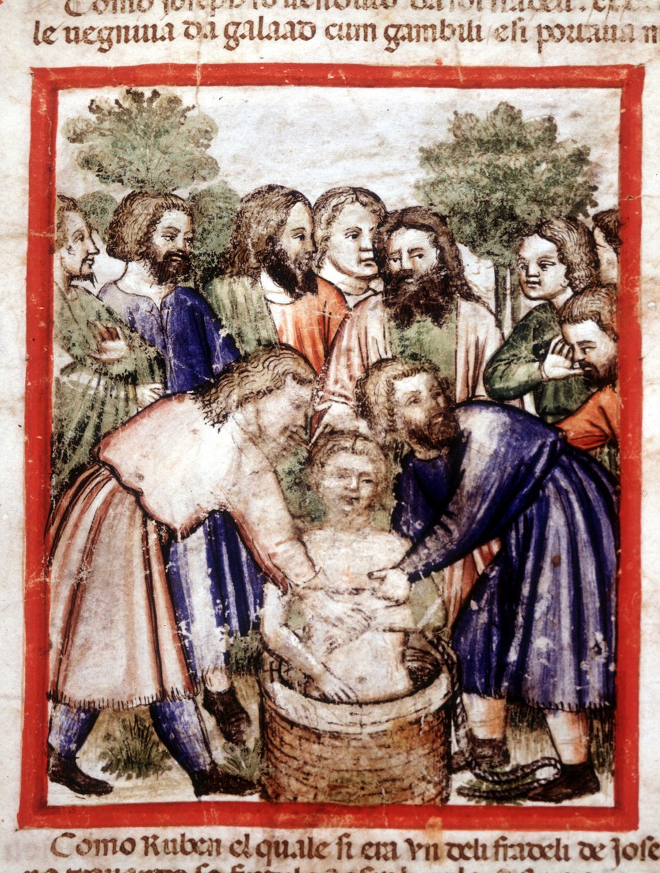 Josef solgte av sine brødre og kastet i brønnen. Miniatyr fra kodeks 212 (eller padovano-kodeks eller Bible of Padua) 1390-1400 Rovigo, Accademia dei Concordi av Unknown artist