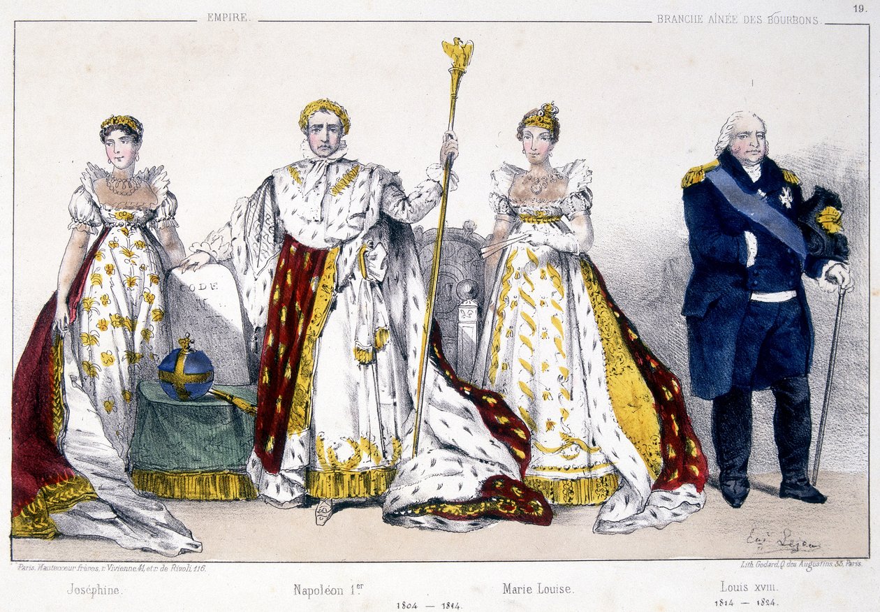 Josephine, Napoleon 1er, Marie Louise og Louis XVIII - i «La Monarchie francaise en estampes»» av Unknown artist