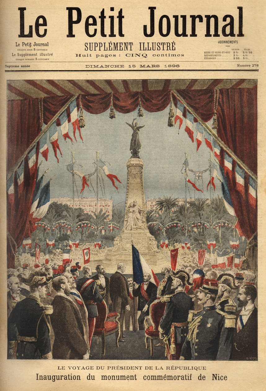 Reisen til republikkens president, Felix Faure (1841-1899), for innvielsen av monumentet til minne om greven av Nices tilknytning til Frankrike. Gravering i “” Le petit journal””/1896. Selvas samling. av Unknown artist