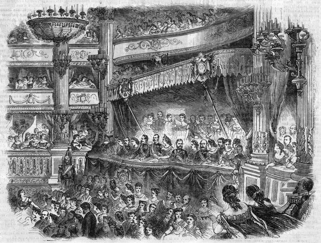 Reisen til den russiske keiseren Alexander II (1818-1881) til Paris: Gallapresentasjon på Opera Garnier. Gravering i "" L'univers illustrious"" av Unknown artist