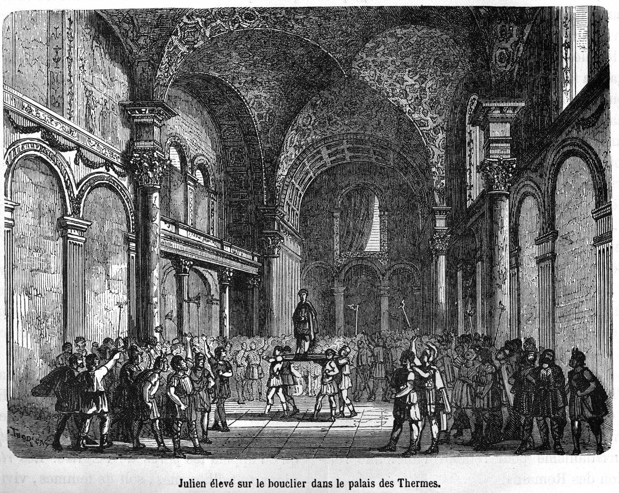 Julien (Flavius Claudius Julianus 331 - 363) raised on the Shield in the Thermal Palace - in Histoire de France by Henri Martin, sd. 19th century av Unknown artist