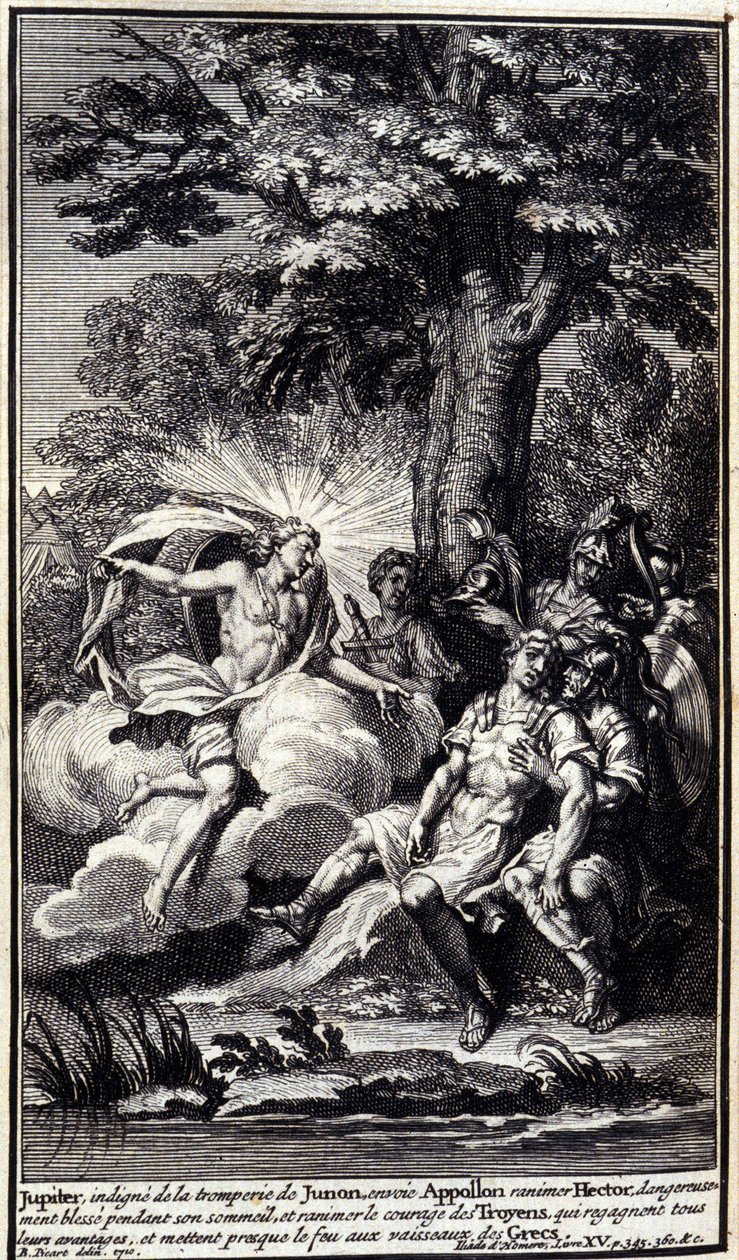 Jupiter, uverdig Junos bedrag, sender Apollo for å gjenopplive Hector farlige sår under søvnen, og gjenopplive motet til trojanerne, som gjenvinner alle sine fordeler og nesten satte fyr på de greske skipene. Illustrasjon av bok XV av Iliaden av av Unknown artist