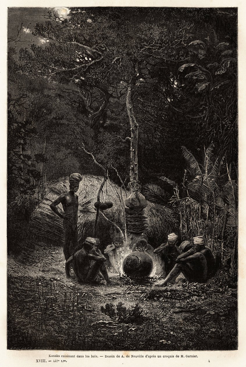 Kanaks matlaging i skogen, på territoriet til Pamale. Gravering for å illustrere turen til Ny-Caledonia, av Jules Garnier, sivilingeniør i gruver, i 1863-1866, publisert i "Le tour du monde, nouveau journal des voyages", redigert av Edouard C av Unknown artist