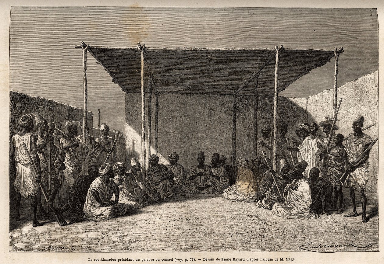 Kong Ahmadou presiderer over et råd eller palabre i Toucouleur-imperiet i Segou Sikoro (Mali), vise menn sitter og krigerne satt, kongen holder en muslimsk rosenkrans i hendene. Gravering for å illustrere reisen til Vest-Sudan til løytnant (Marine) M av Unknown artist