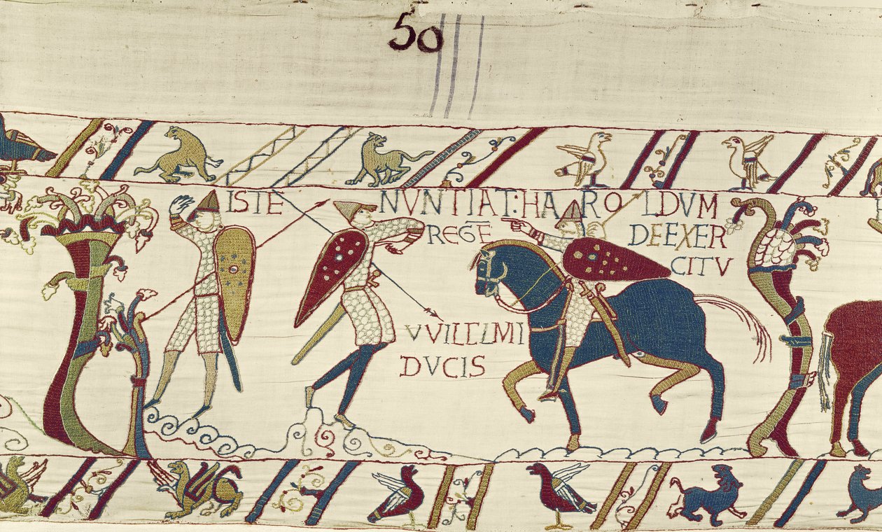 Kong Harolds budbringer gir ham nyheter om hertug Williams hær, Bayeux Tapestry (ullbroderi på lin) av Unknown artist