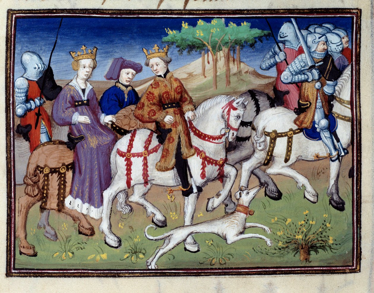 Kong Filip VI av Valois og den hvite dronningen av Navarra (?) Starter for jakt Miniatyr hentet fra "" The book of hunting""" av Gaston III Phoebus, greve av Foix, Lord of Bearn (1331-1391) av Unknown artist