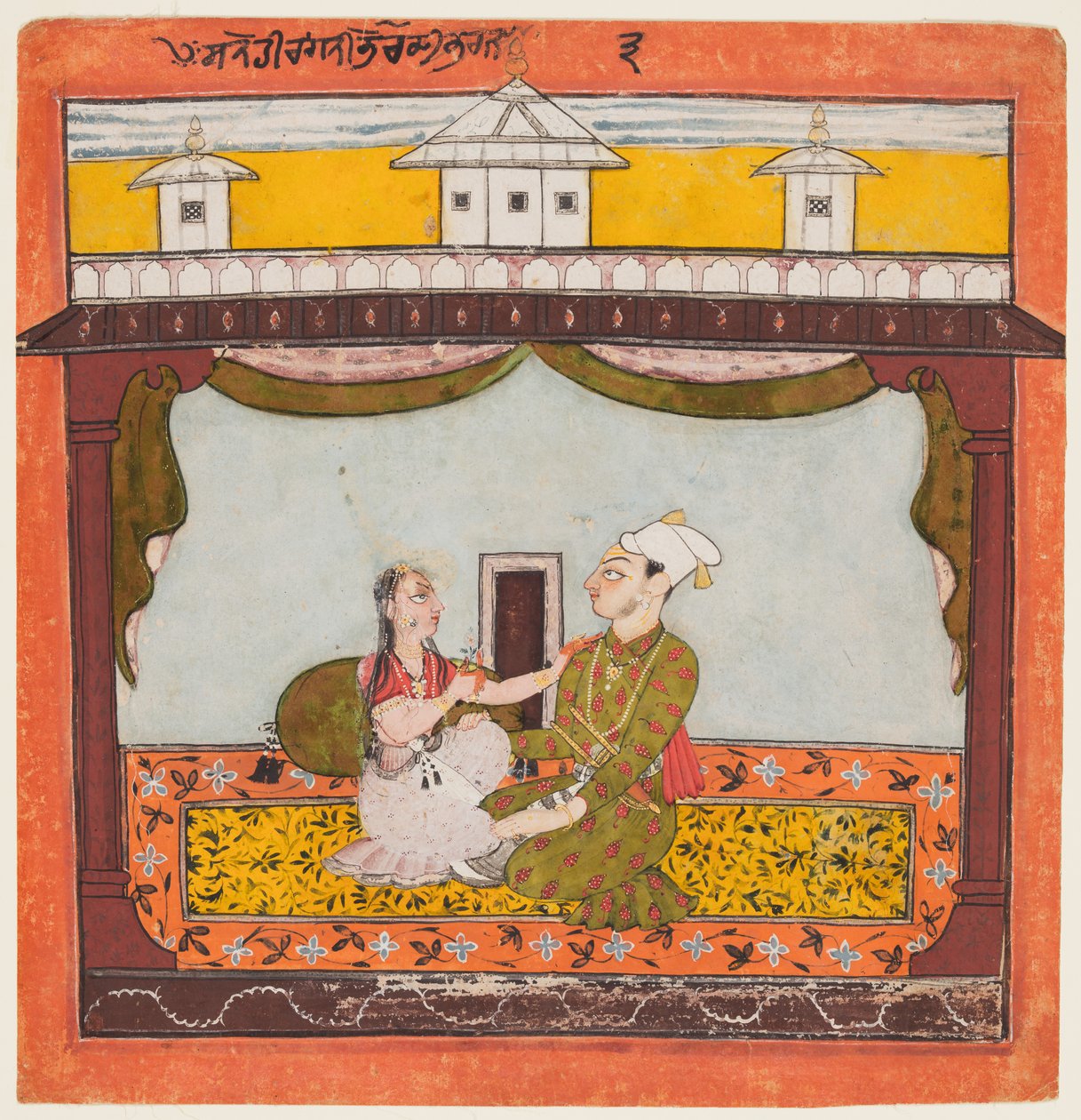 Konge og dronning i Zenana: Sandehi Ragini, kone til Bhairava, fra "Andre Basohli Ragamala" av Unknown artist