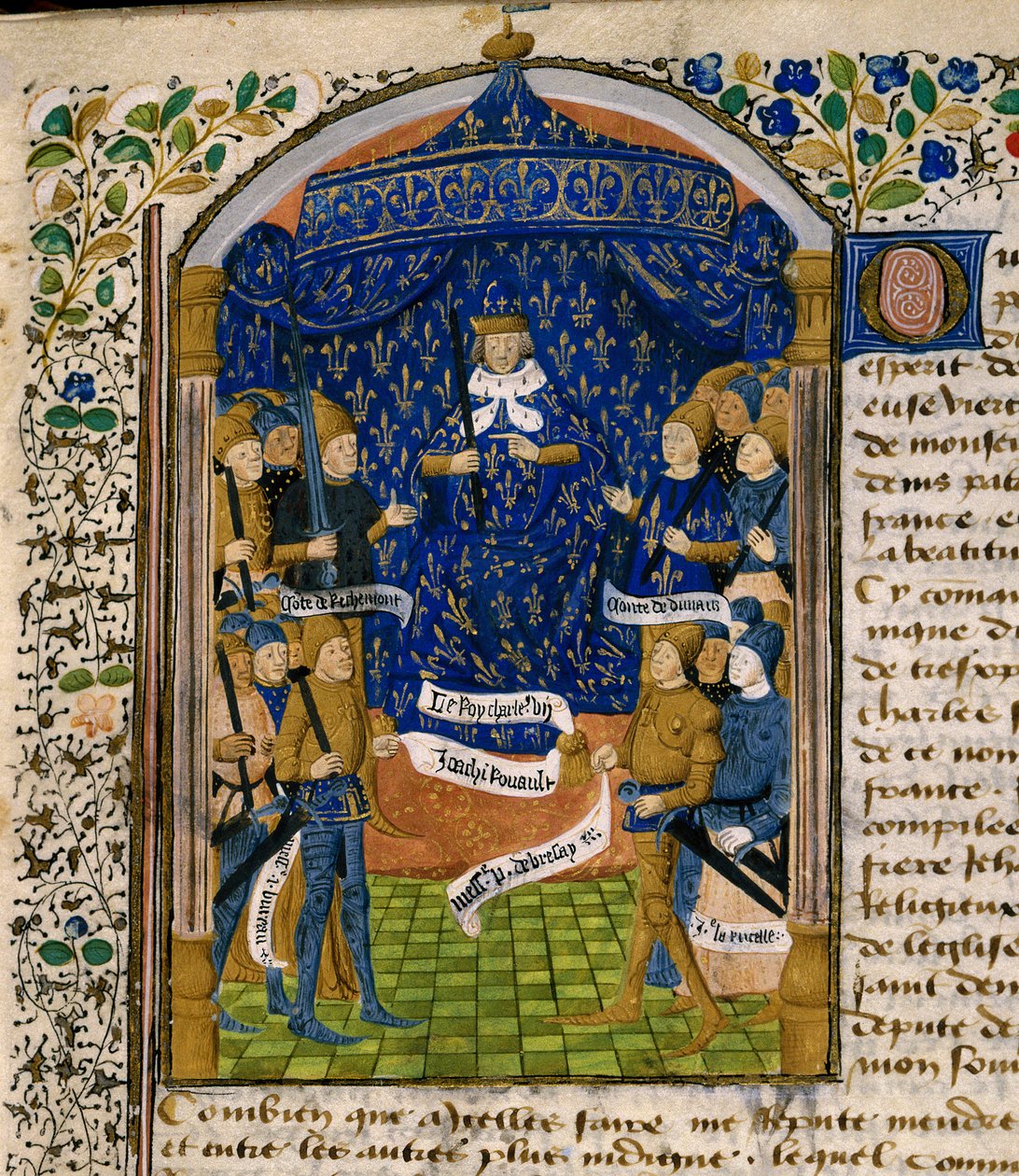 Konge av Frankrike Charles VII (1403-1461) og hans hoff. Til høyre: Jean d