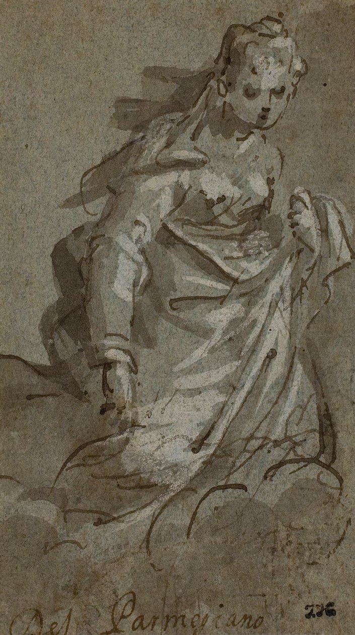 Knelende kvinnefigur i skyen (rekto); figurskisser (verso) av Unknown artist