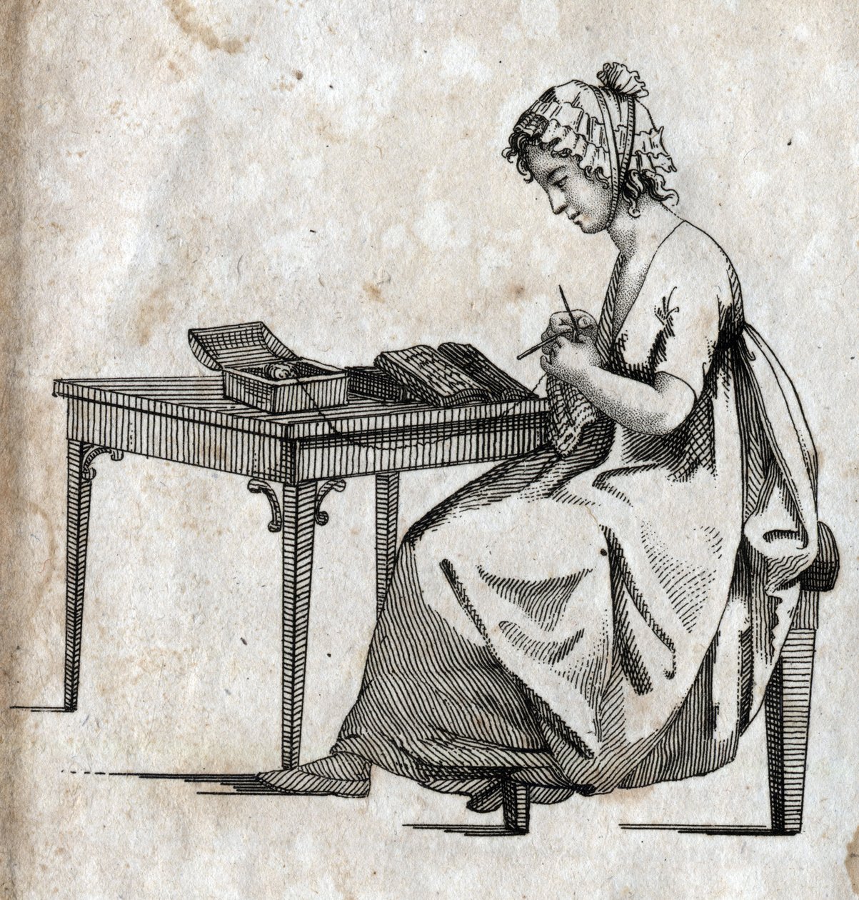 Knitting machine: woman busy knitting wool (knitting) Engraving late 18th century. Private collection. av Unknown artist
