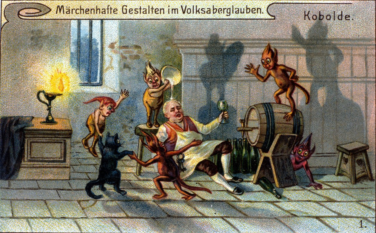 Kobolds, små alver eller farfadets av den tyske folketradisjonen. kromolitografi fra 1800-tallet. av Unknown artist