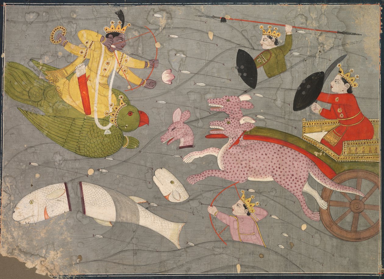 Krishna kjemper mot Vanasuras sønner: Skina fra Aniruddha Usha-seksjonen A Krishna Leela av Unknown artist