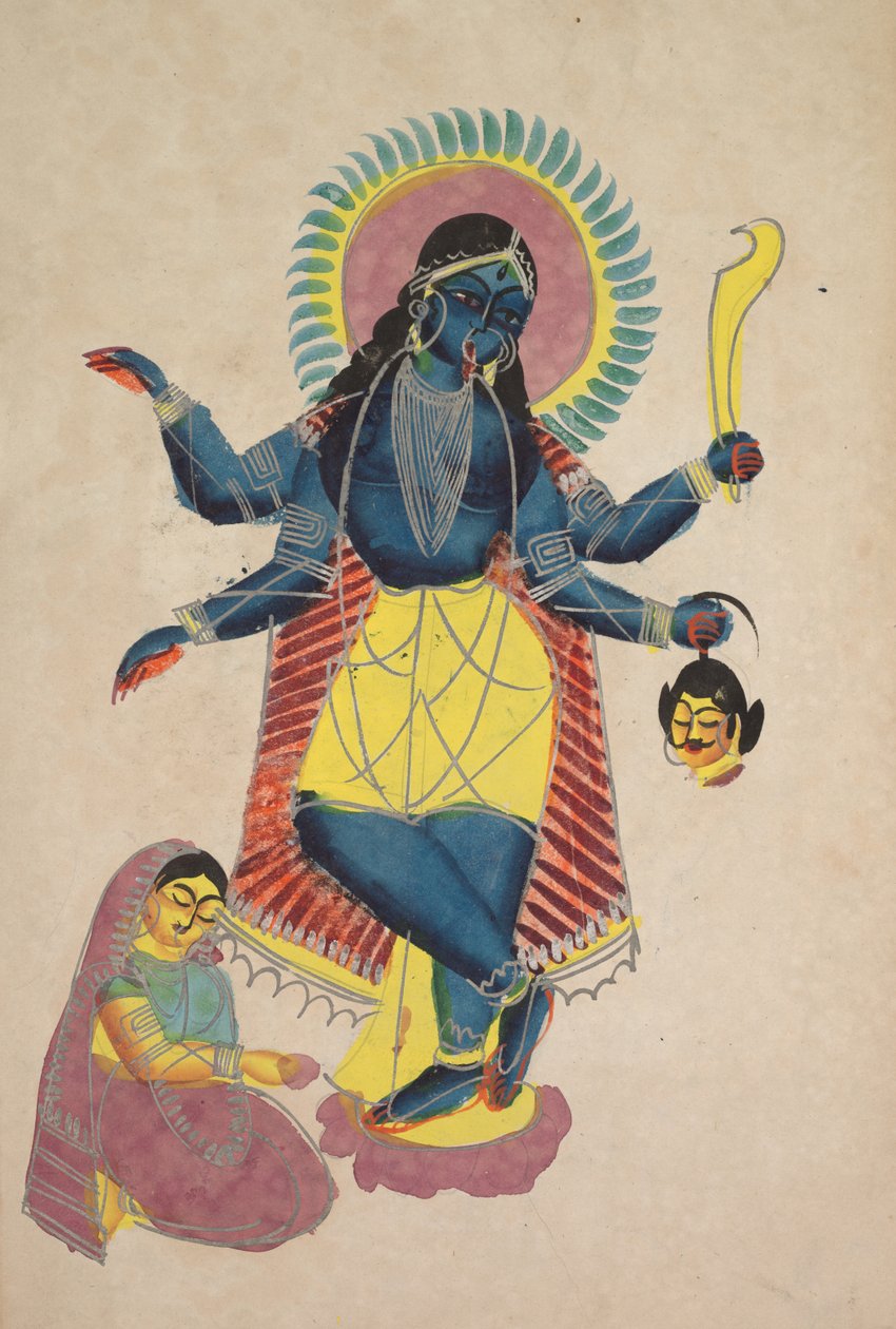 Krishna som Kali tilbedt av Radha (recto) av Unknown artist