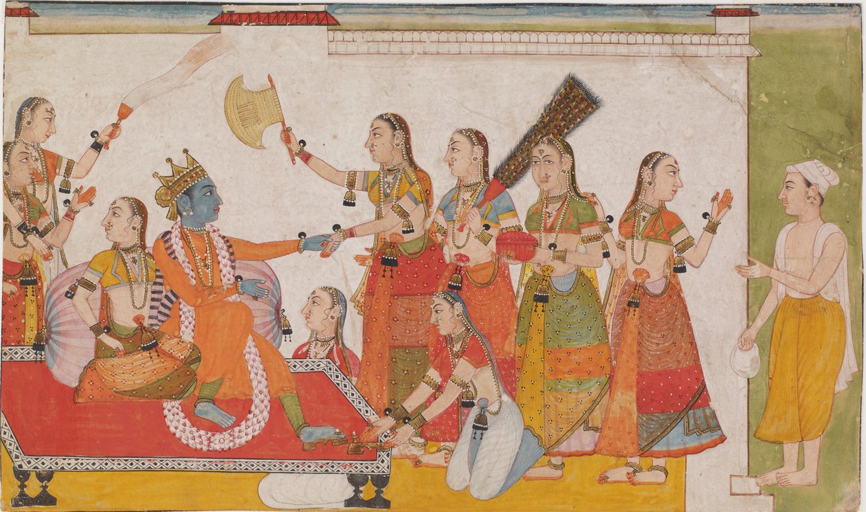 Krishna ønsker Sudama velkommen, fra en <em>Bhagavata Purna</em> av Unknown artist