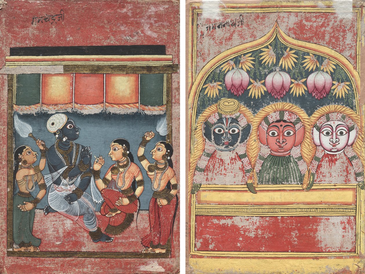 Krishna med Radha og Two Attendants (recto); Jagannath, Subhadra og Balarama i en bue (verso) av Unknown artist
