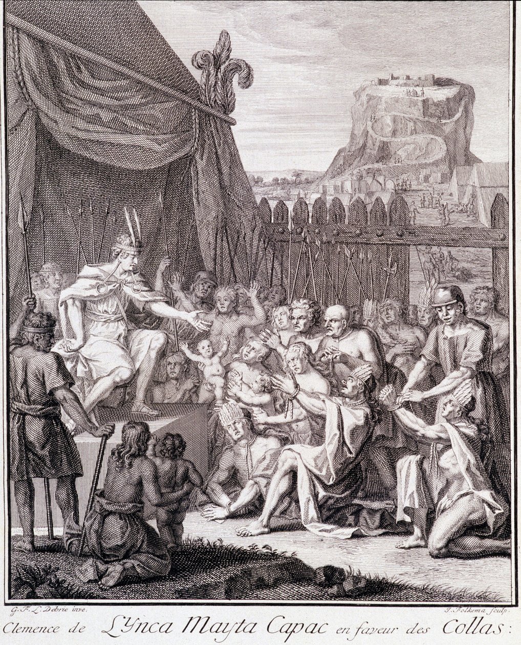 Inca Mayta Capac til fordel for Collas - i ""Historisk reise i Sør-Amerika laget på ordre fra kongen av Spania"" av Don Georges Juan & Don Antoine de Ulloa, T.II, red. Jombert, King