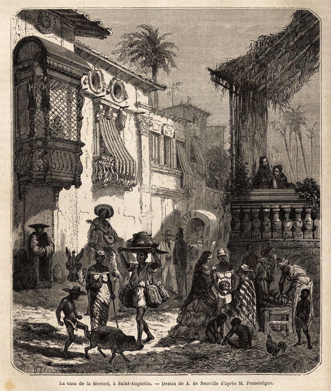 La casa de la Merced (nå Mercy Street) i Saint Augustine, den eldste byen i USA (USA), grunnlagt av spanjolene i 1565; hovedgate i byen, liten og folkerik, med forskjellige dyr og en enestående blanding av forskjellige amerikanske t av Unknown artist