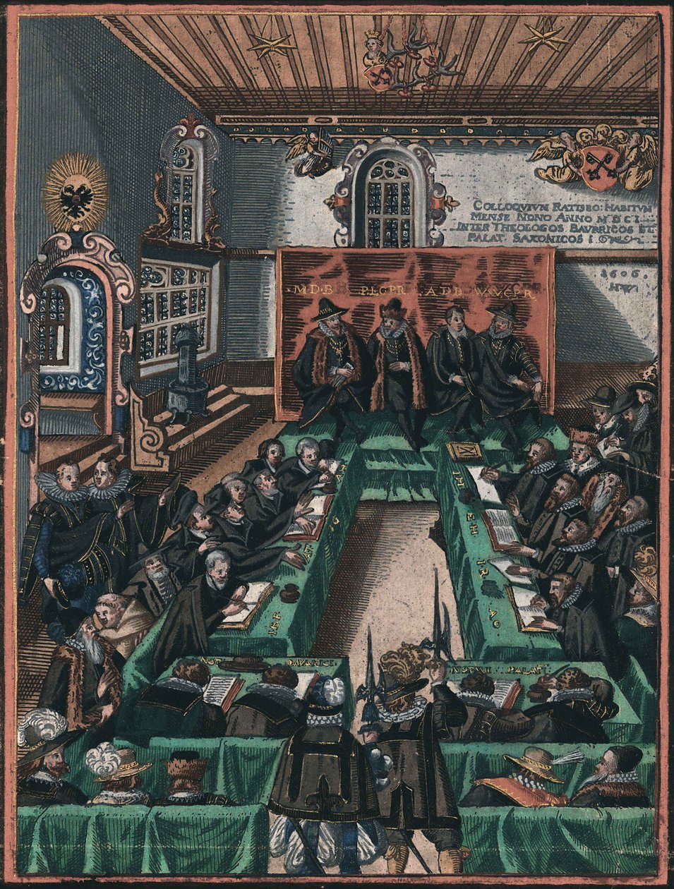 La conference religieuse de Ratisbonne en 1601 - The Regensburg Religious Colloquy of 1601, Anonymous . Kobberstikk, akvarell, ca. 1605. Historisches Museum der Stadt Regensburg av Unknown artist