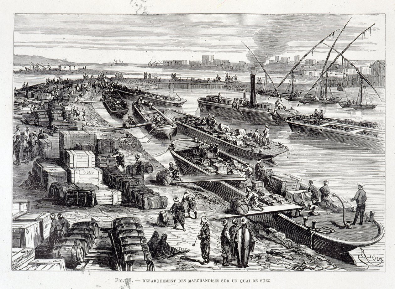 Landing av varer på en brygge i Suez-kanalen av Unknown artist