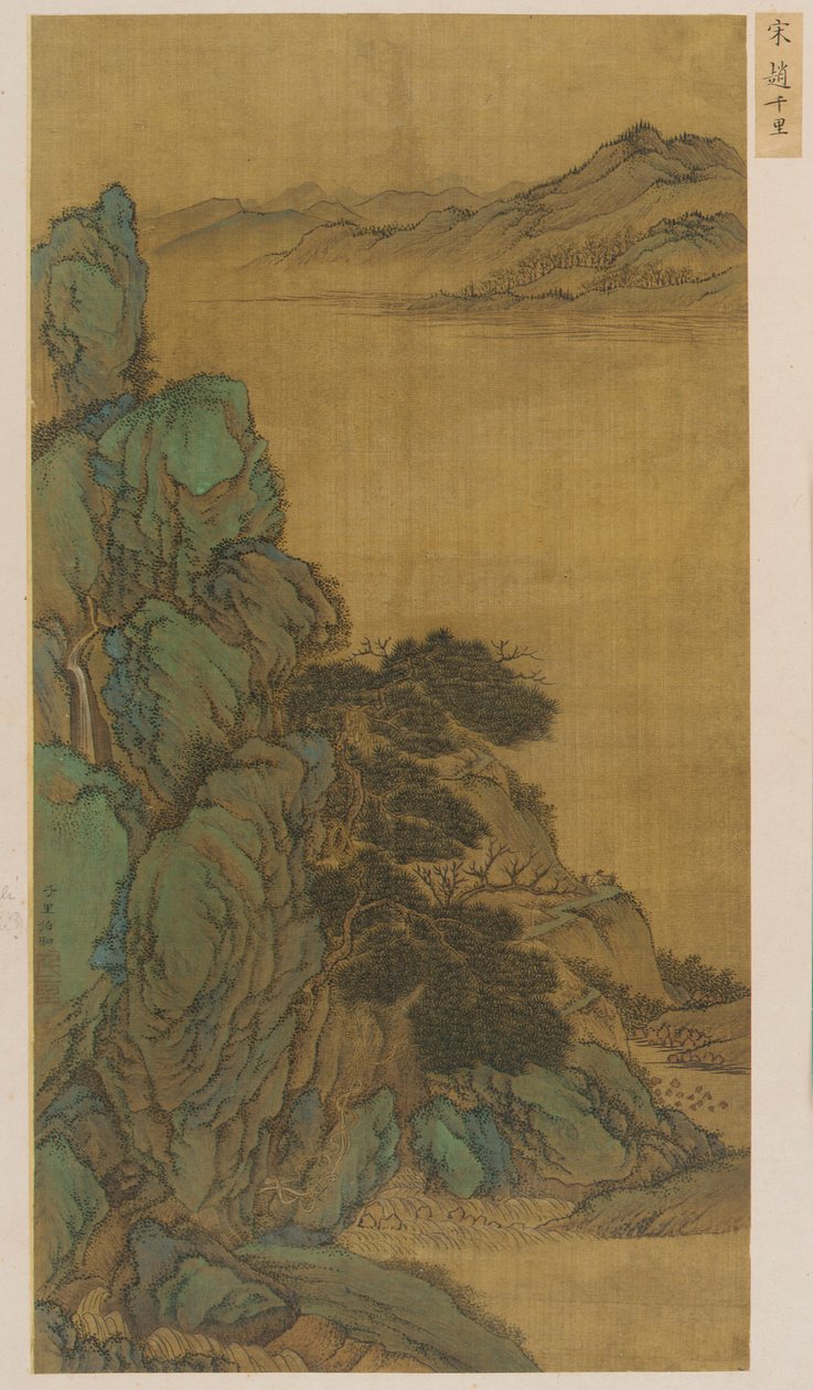 Landskap: en fjellside, en bred bekk og fjerne åser av Unknown artist