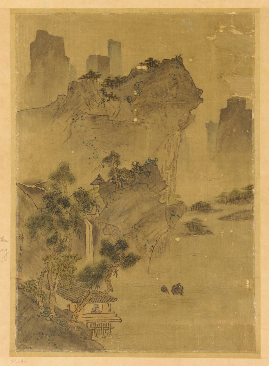 Landskap: klipper overhengende vann - paviljong og furu av Unknown artist
