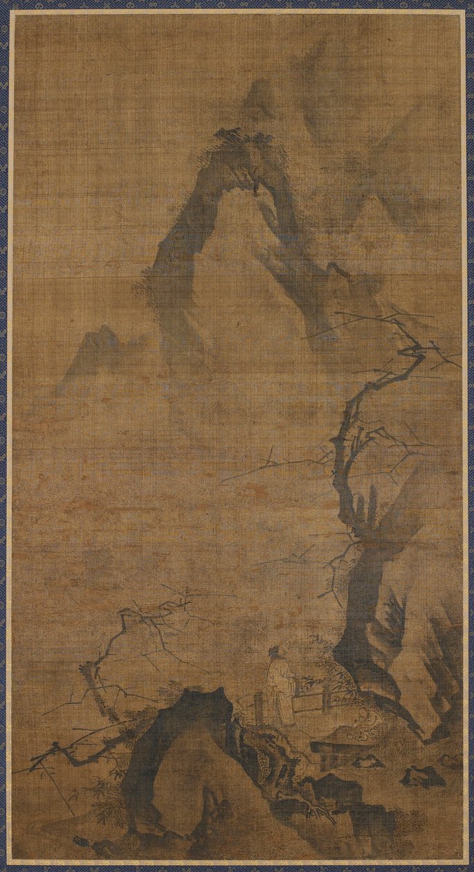 Landskap: fjell og vann; en figur under et plommetre av Unknown artist