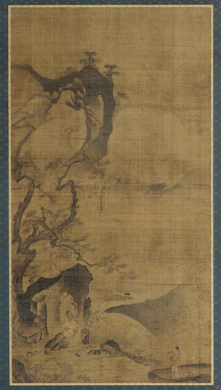Landskap: fjell og vann; en figur under en furu av Unknown artist