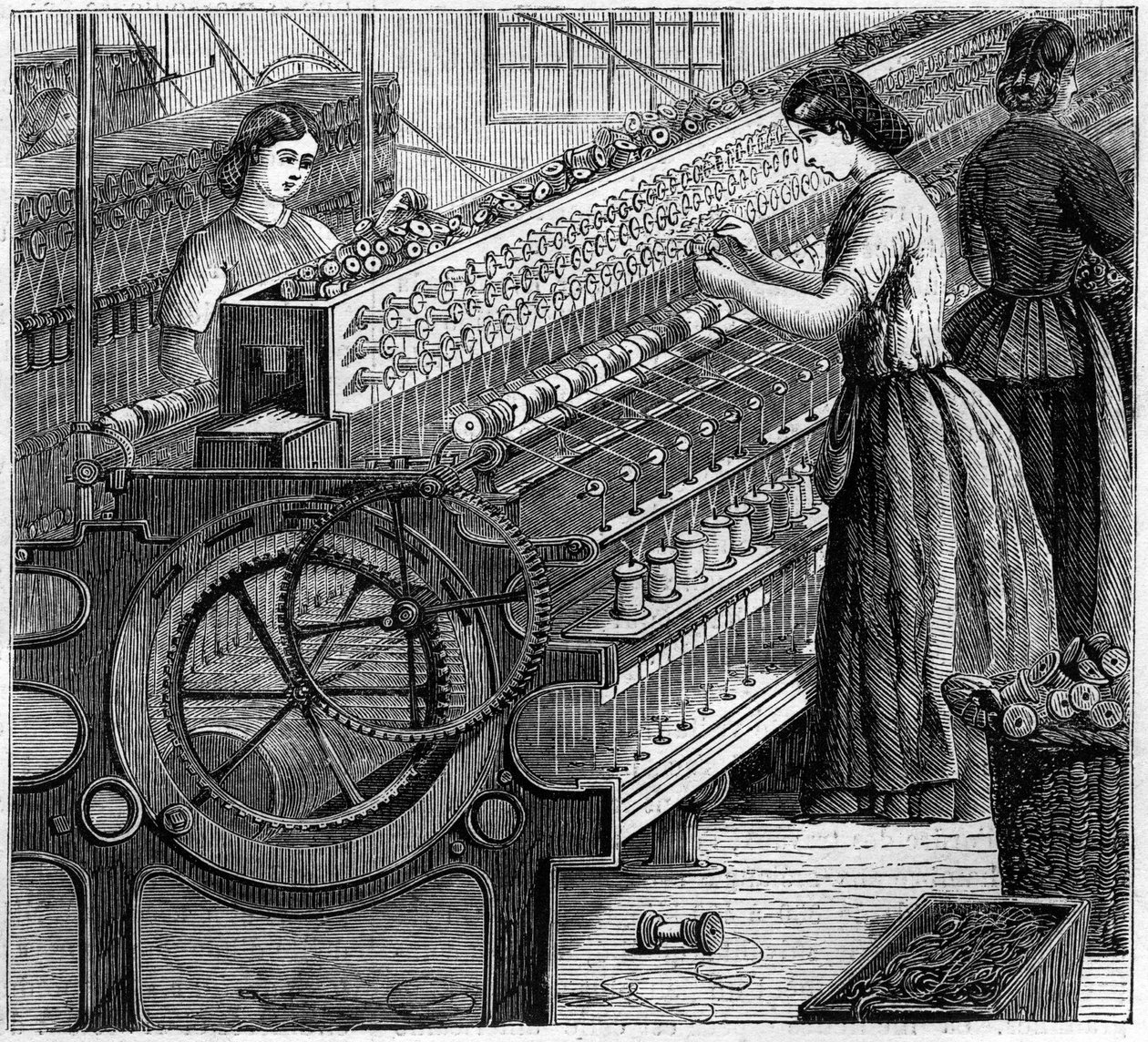 Store engelske industrier: Walter Evans bomullsspinning i England i 1863. Vridningen av ledningen. av Unknown artist