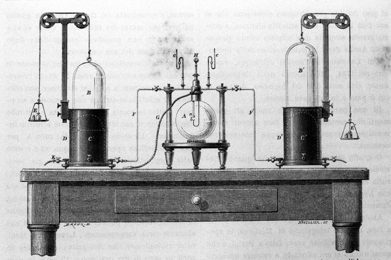 Lavoisier og Laplace apparater for dannelse av vann ved hjelp av oksygen og hydrogengasser som brenner i en glasskolbe. Gravering av 1800-tallet. av Unknown artist