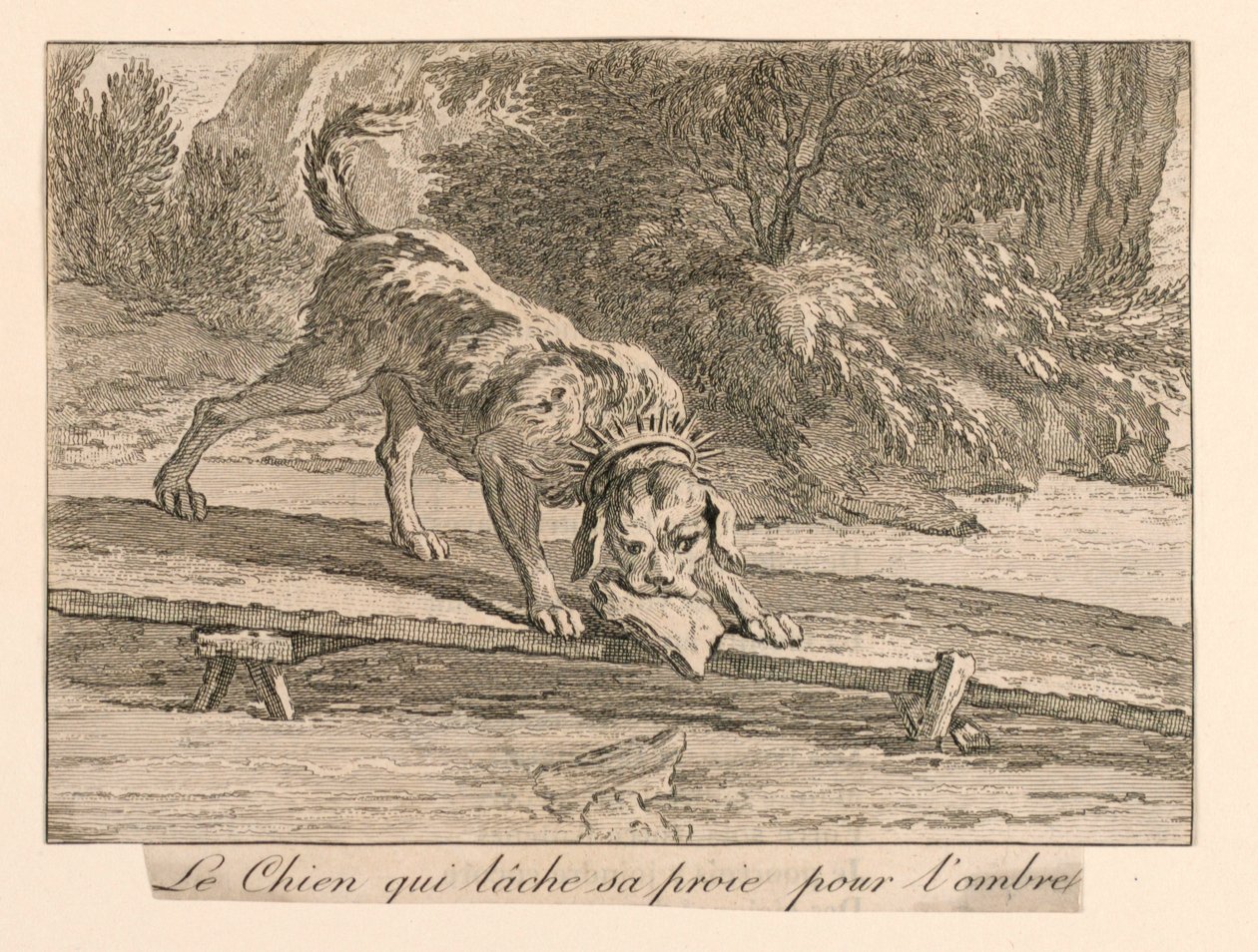 "The Dog Who Drops His Prey for the Shade" fra La Fontaines Fables av Unknown artist