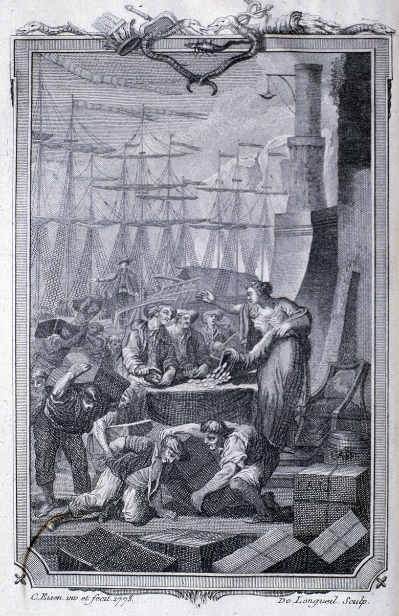 Handel med koloniene (inkludert kaffe) - i ""Philosophy and politics of European establishments and trade with the two Indias"" av G.T. Raynal, red. Pellet, Genève av Unknown artist